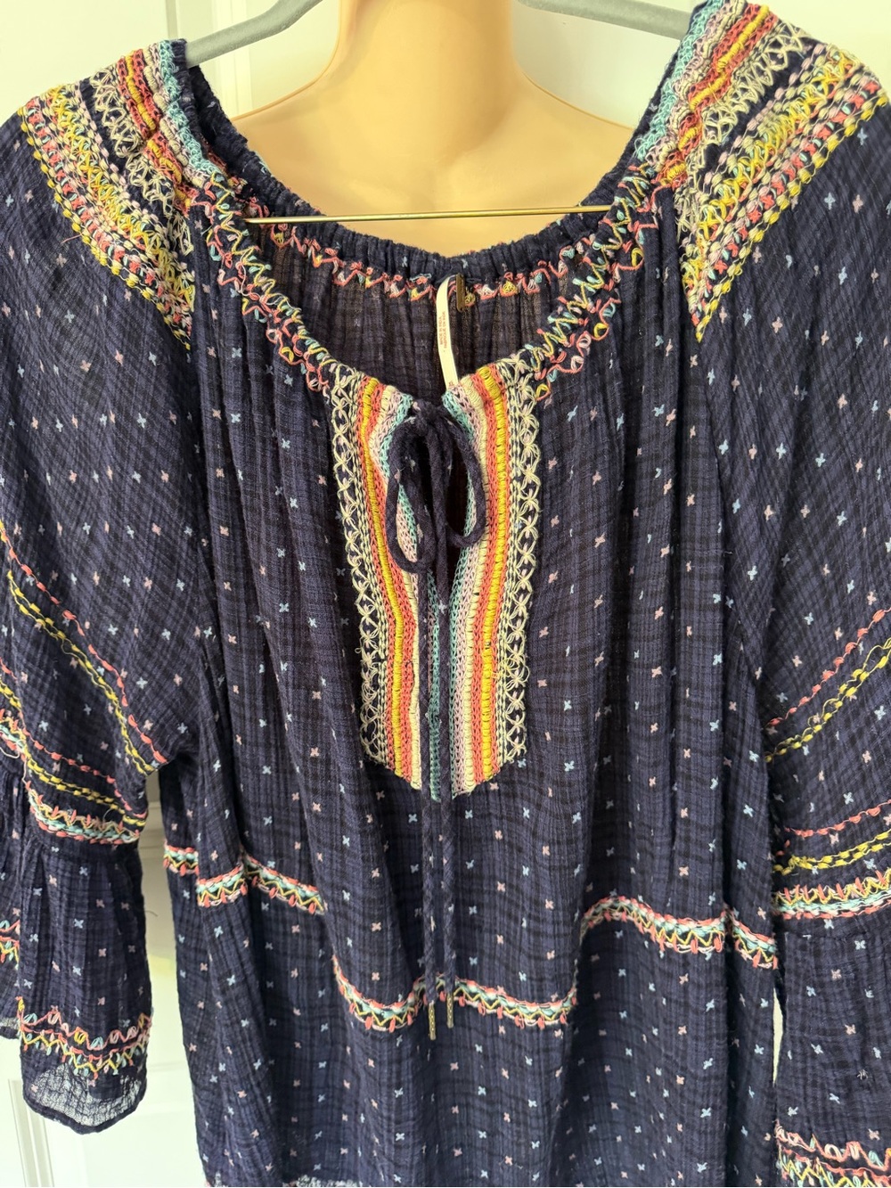 Free People Navy Peasant Tunic with Multicolor Embroidered Trim